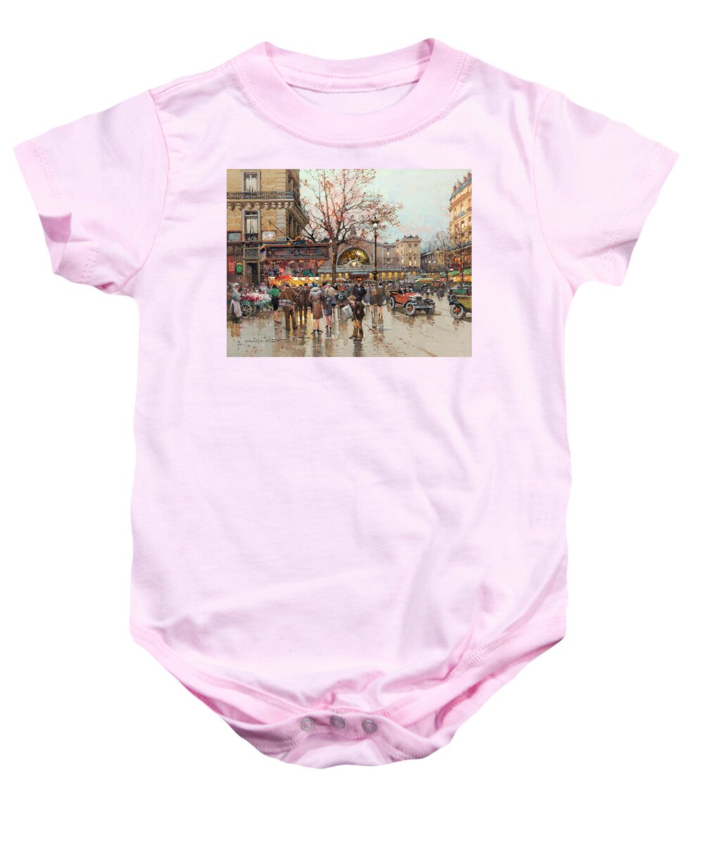 Railway Baby Onesie featuring the painting East Railway Station by Eugene Galien-Laloue