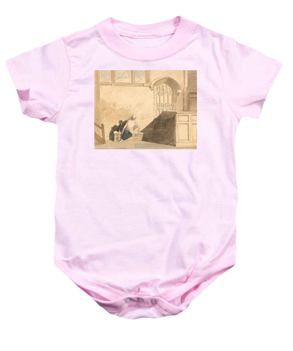 John Sell Cotman Baby Onesie featuring the painting Errand Boy Asleep in a Church by John Sell Cotman
