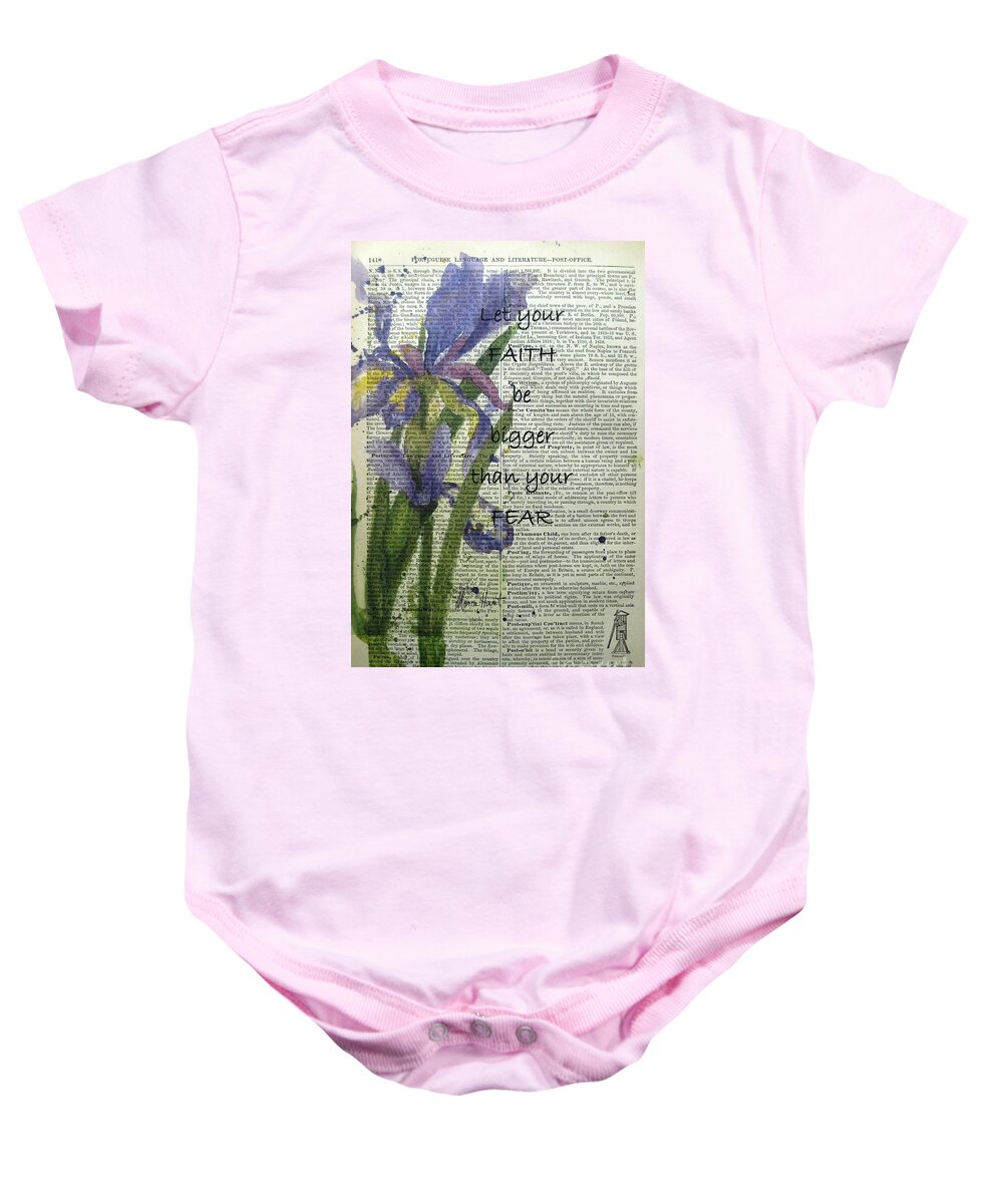 Antique Paper Baby Onesie featuring the painting Faith is Greater by Maria Hunt
