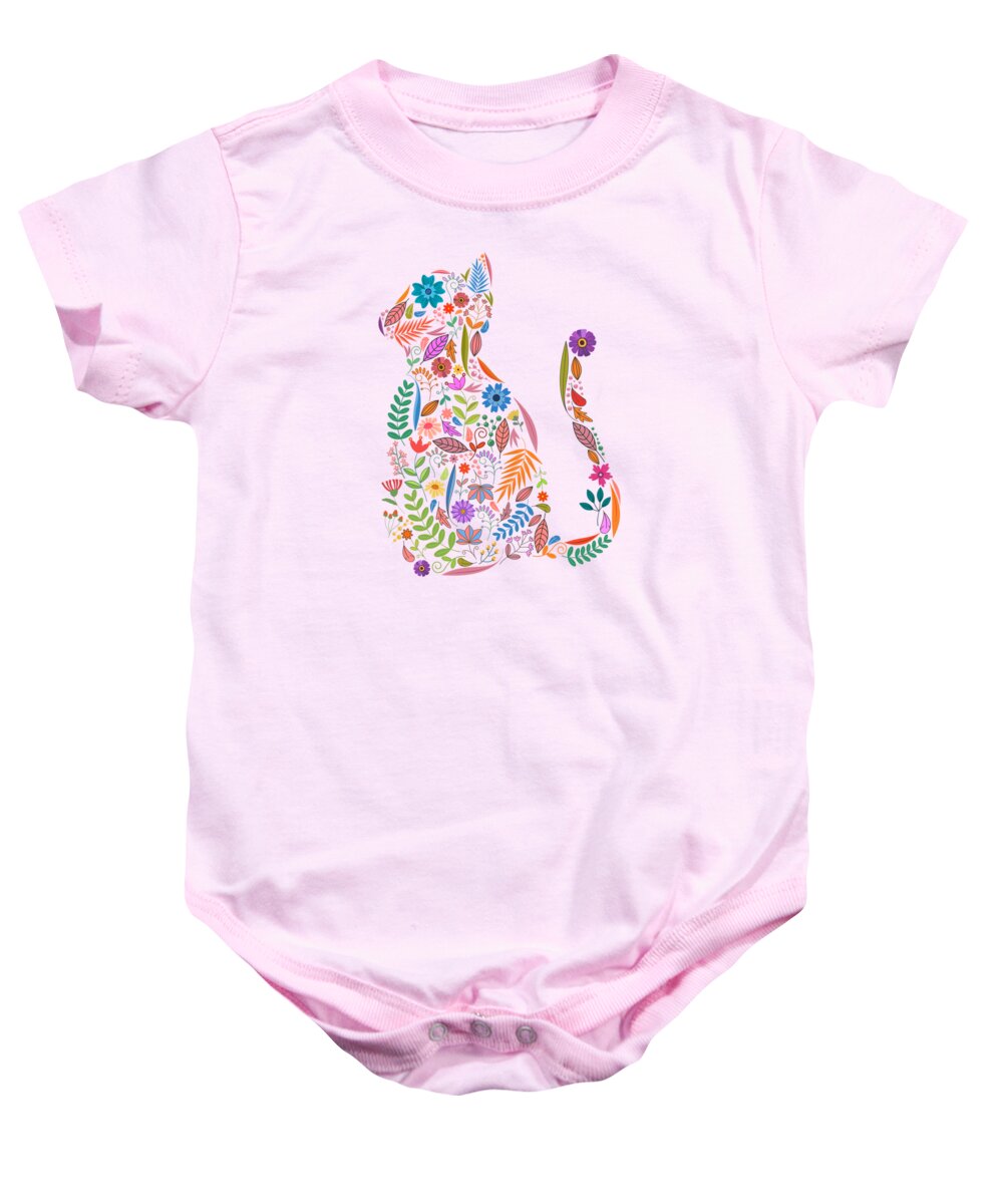 Cat Baby Onesie featuring the painting Fancy And Fine Flowered Cat Garden Design by Little Bunny Sunshine