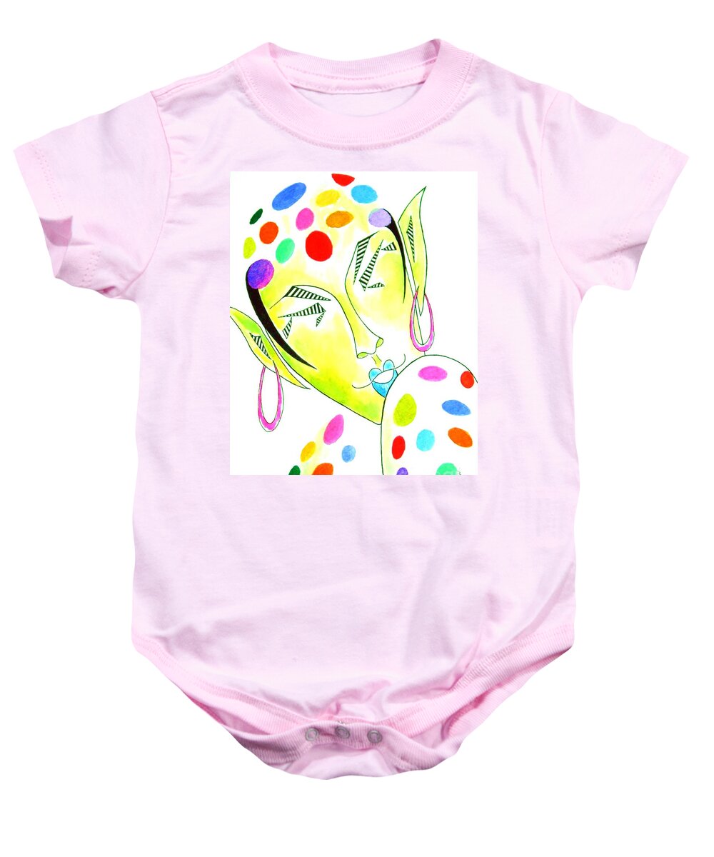 Fairy Baby Onesie featuring the painting Fey -- the original -- Fantasy Elf Portrait with Polka Dots by Jayne Somogy