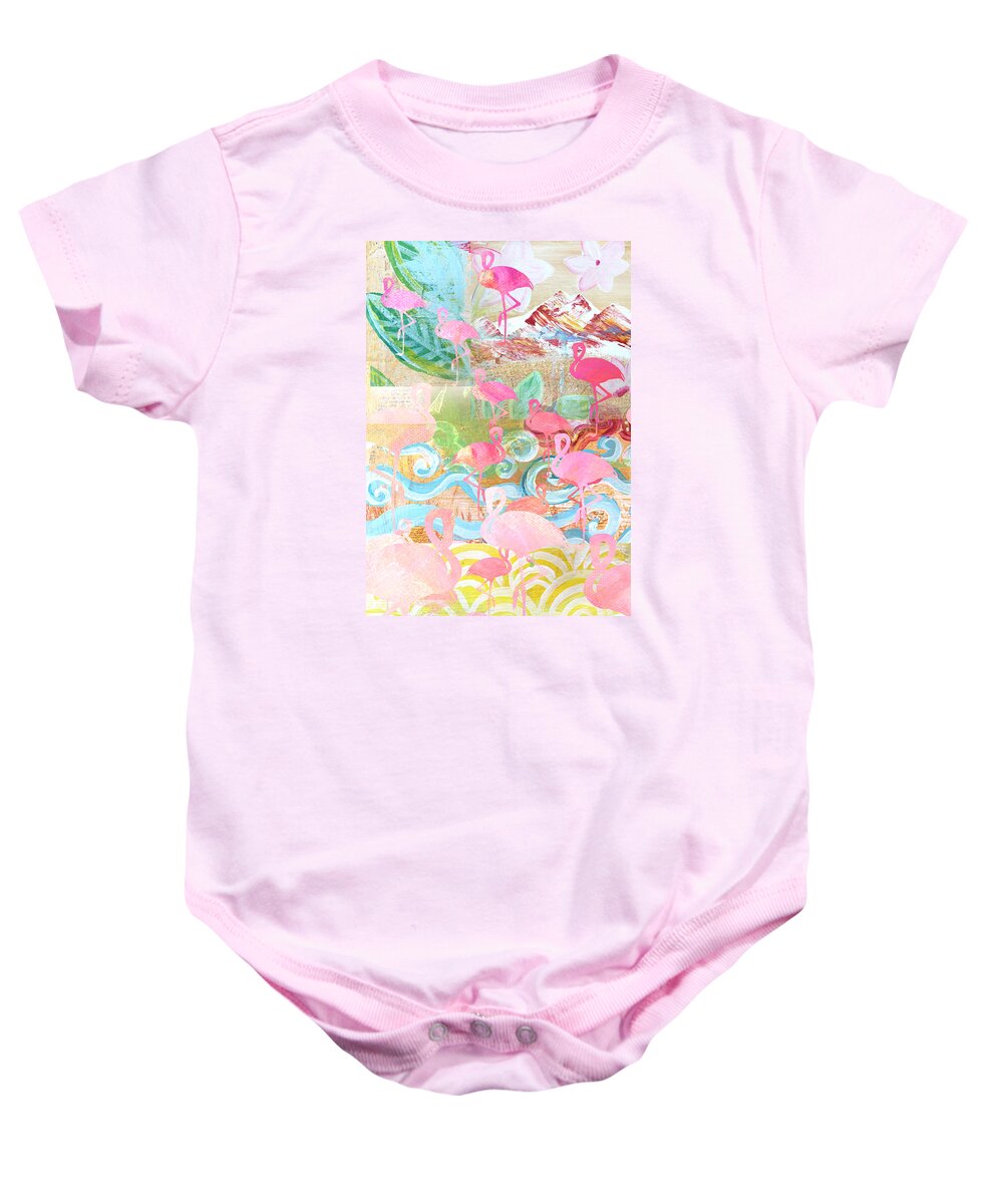 Flamingo Collage Baby Onesie featuring the mixed media Flamingo Collage by Claudia Schoen