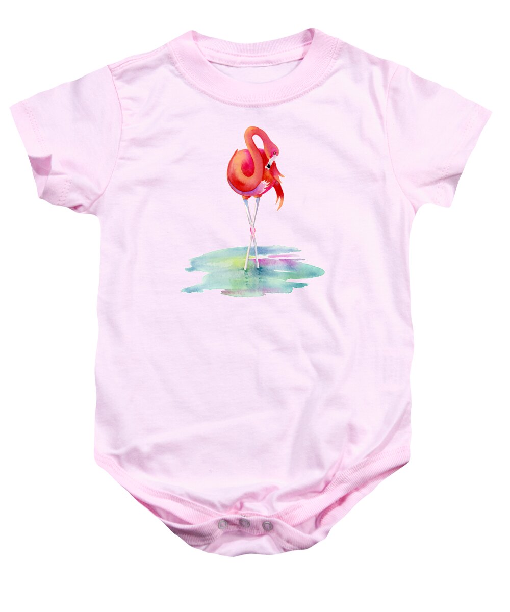 Flamingo Baby Onesie featuring the painting Flamingo Primp by Amy Kirkpatrick