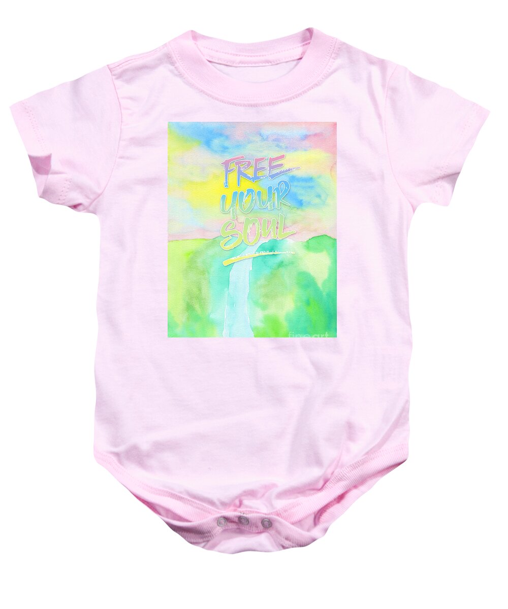 Free Your Soul Baby Onesie featuring the painting Free Your Soul Watercolor Colorful Spring Waterfall Painting by Beverly Claire Kaiya
