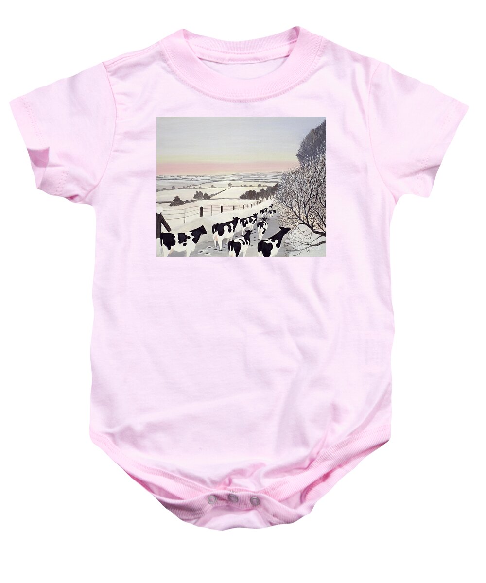 Fence Baby Onesie featuring the painting Friesians in Winter by Maggie Rowe