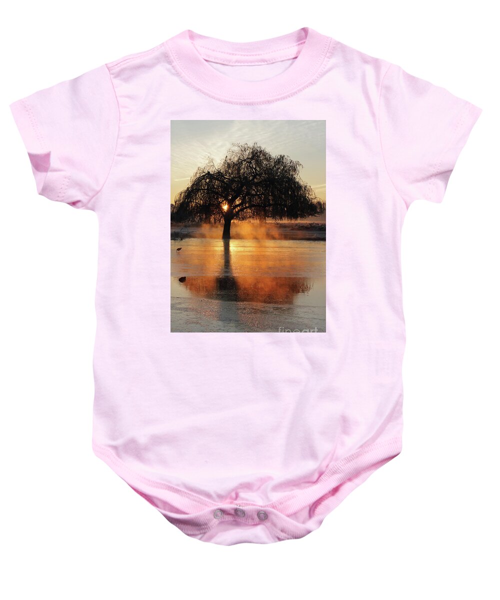 Frosty Sunrise Reflection Tree Lake Baby Onesie featuring the photograph Frosty sunrise reflection by Julia Gavin
