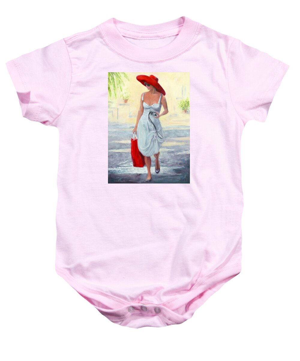 Red Baby Onesie featuring the painting Glamour on a Stroll by Connie Schaertl