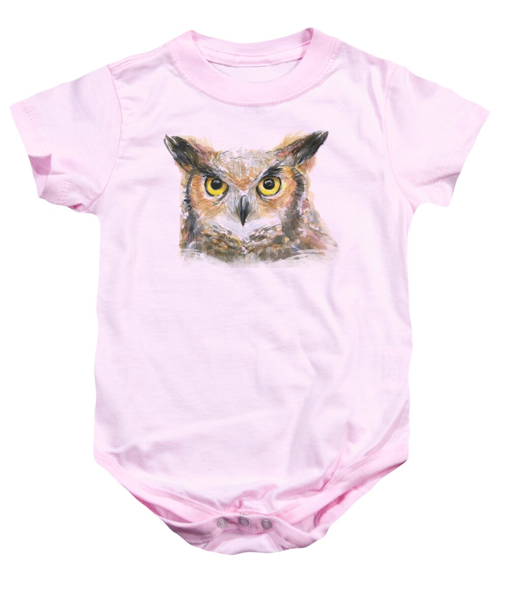 Owl Baby Onesie featuring the painting Great Horned Owl Watercolor by Olga Shvartsur