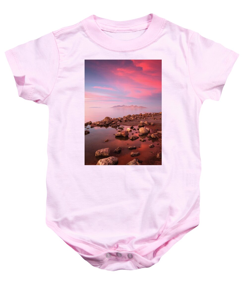 Utah Baby Onesie featuring the photograph Great Salt Lake and Antelope Island Sunset by Brett Pelletier
