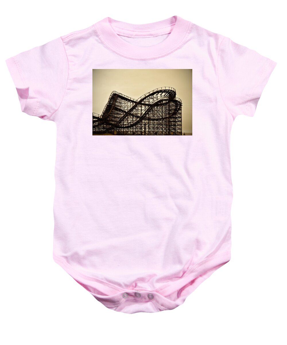 Great White Baby Onesie featuring the photograph Great White Roller Coaster - Adventure Pier Wildwood NJ in Sepia by Bill Cannon