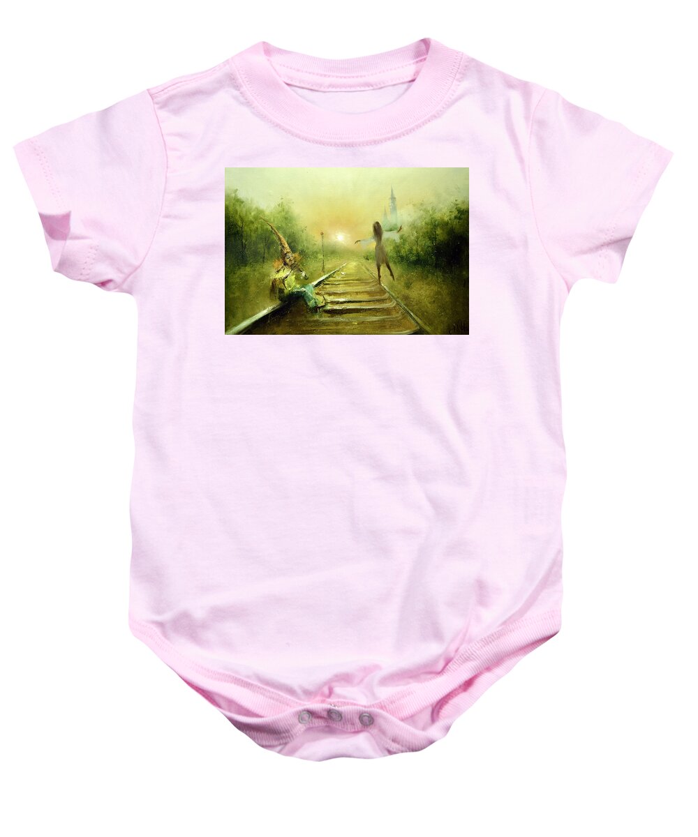 Russian Artists New Wave Baby Onesie featuring the painting Harlequin and Columbine by Igot Medvedev