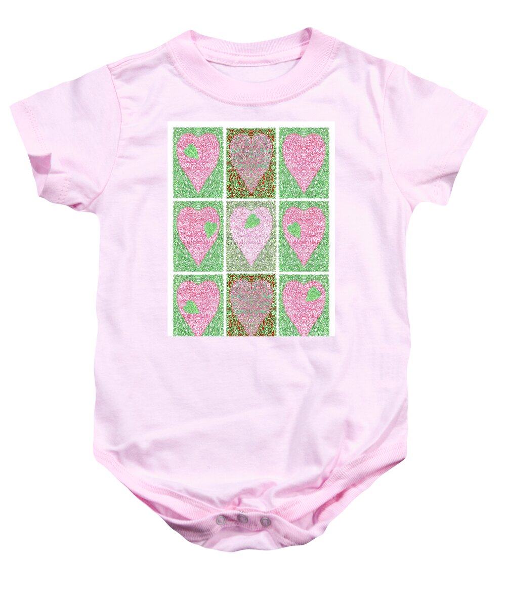 Lise Winne Baby Onesie featuring the digital art Hearts Within Hearts in Green and Pink by Lise Winne