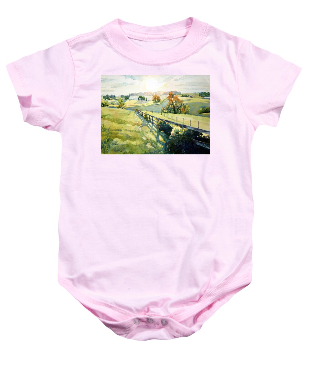 #nature #watercolor #landscape #watercolorpainting #sunset #rollinghills #art #artist #painting #maryland #country #farm Baby Onesie featuring the painting Heavenly Light by Mick Williams