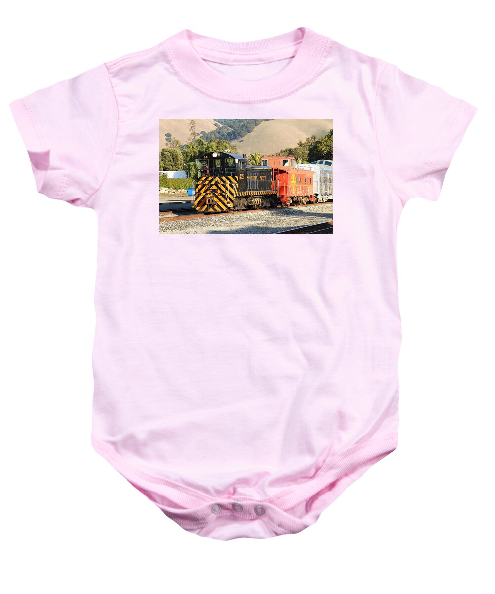 Southern Pacific Baby Onesie featuring the photograph Historic Niles Trains in California . Old Southern Pacific Locomotive and Sante Fe Caboose . 7D10821 by Wingsdomain Art and Photography