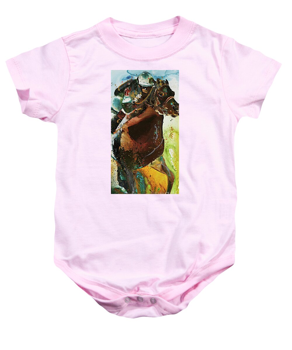 Horse And Jockey Baby Onesie featuring the painting Home Stretched by Kasha Ritter