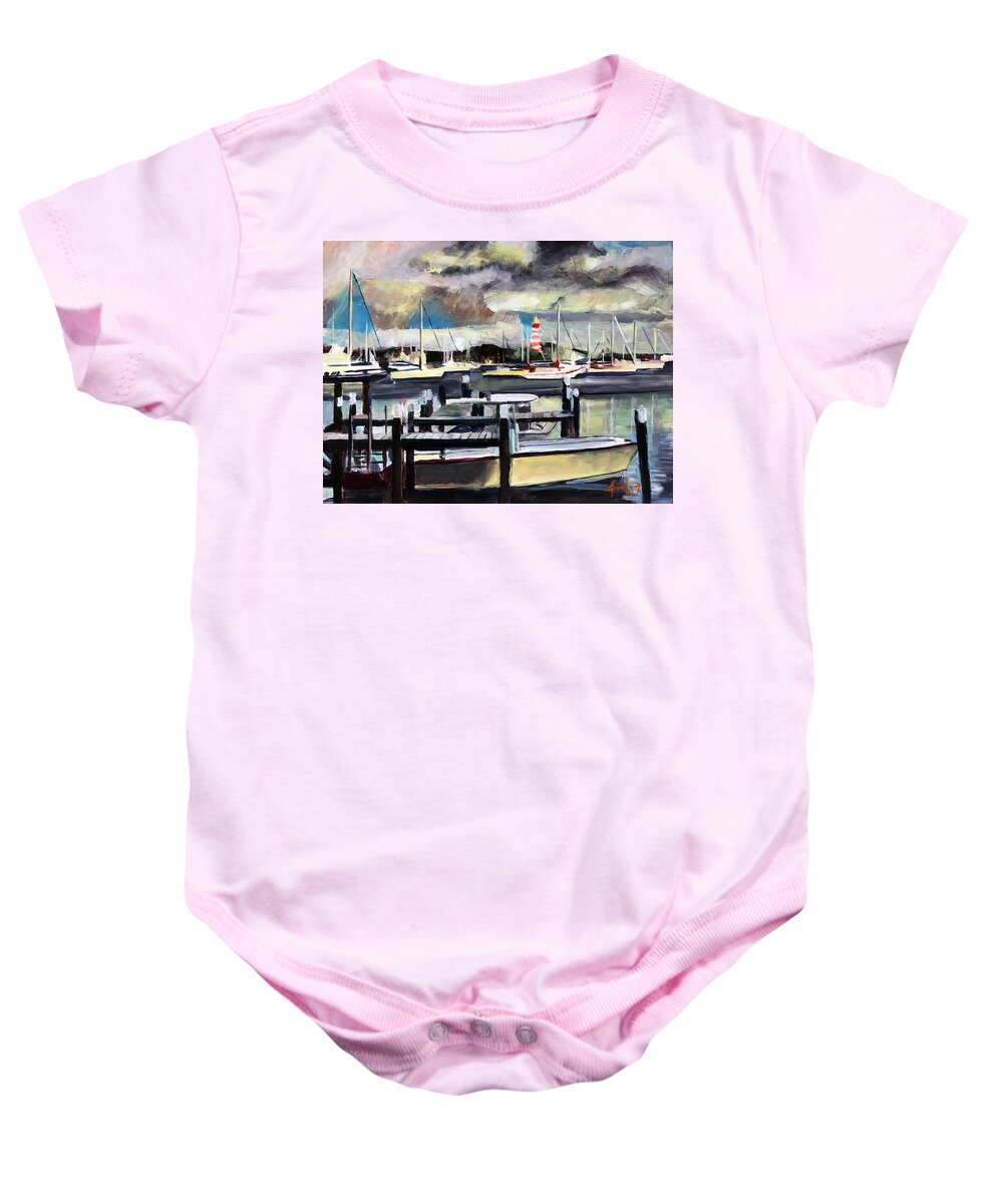 Hope Town Baby Onesie featuring the painting Hope Town Harbour by Josef Kelly