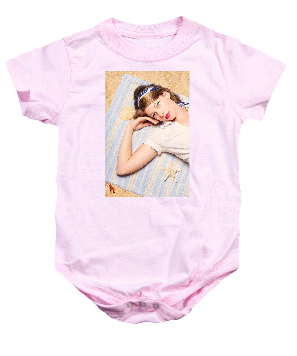 Australia Baby Onesie featuring the photograph Hot retro pinup girl lying on beach in Australia by Jorgo Photography