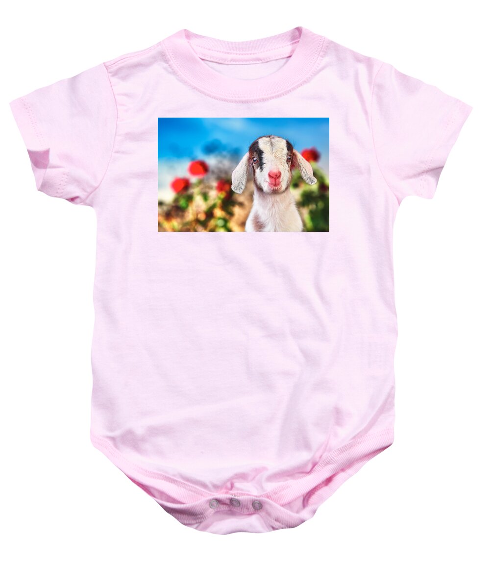 Baby Goat Baby Onesie featuring the photograph I'm in the Rose Garden by TC Morgan