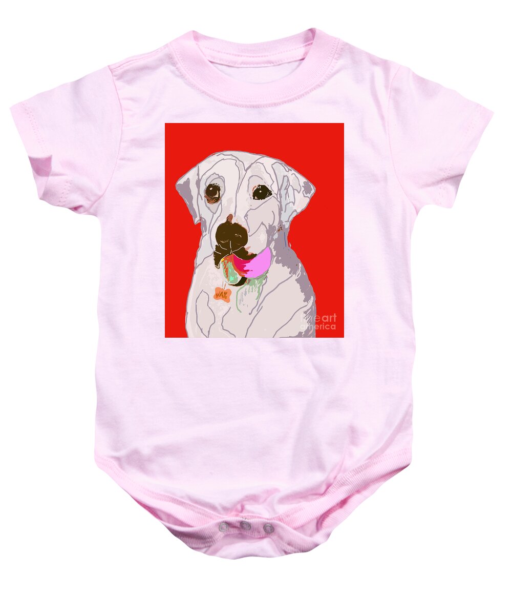 Labrador Baby Onesie featuring the digital art Jax With Ball in red by Ania M Milo