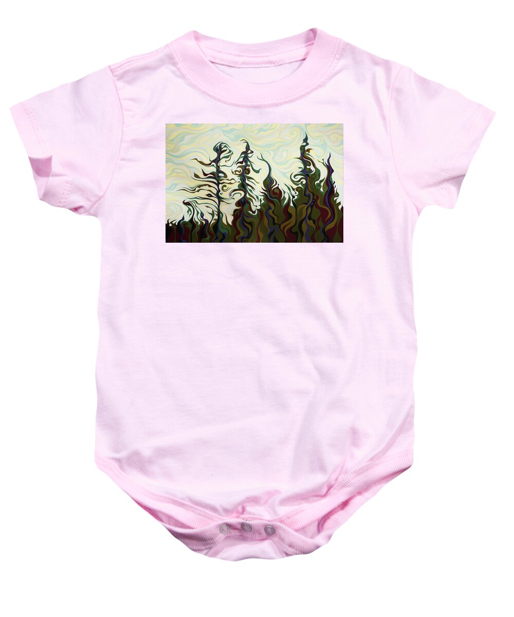 Tree Baby Onesie featuring the painting Joyful Pines, Whispering Lines by Amy Ferrari