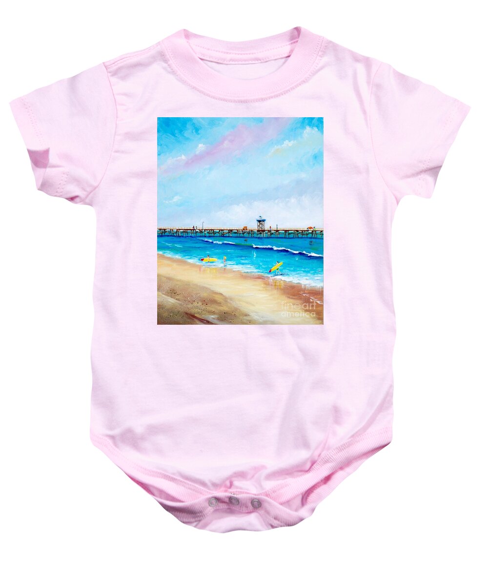 San Clemente Baby Onesie featuring the painting Jr. Lifeguards by Mary Scott