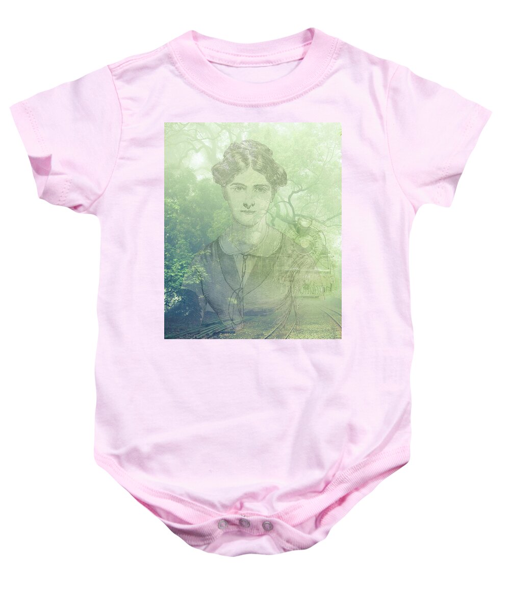 Ghostly Baby Onesie featuring the mixed media Lady On The Tracks by Digital Art Cafe