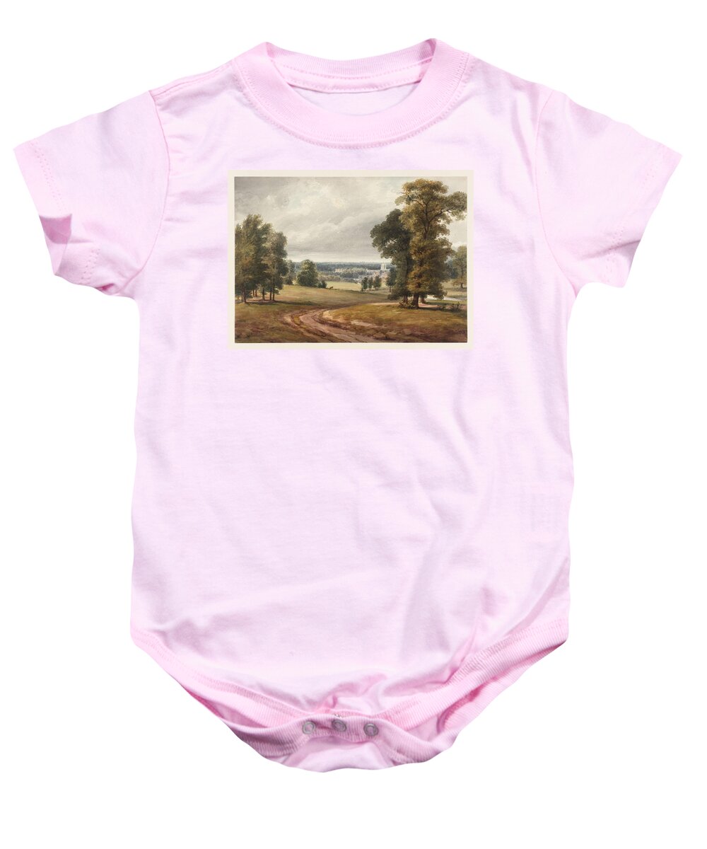 William Henry Hunt 17901864 Title Near Bushey. Landscape With Distant Church Beyond Trees Baby Onesie featuring the painting Landscape with Distant Church beyond Trees by MotionAge Designs