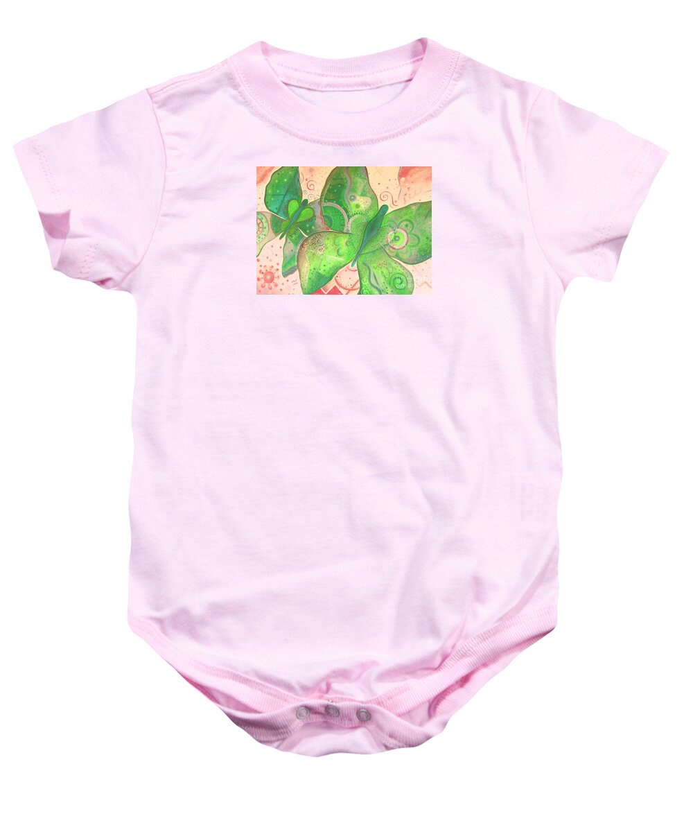 Moth Baby Onesie featuring the painting Lighthearted In Green On Red by Helena Tiainen
