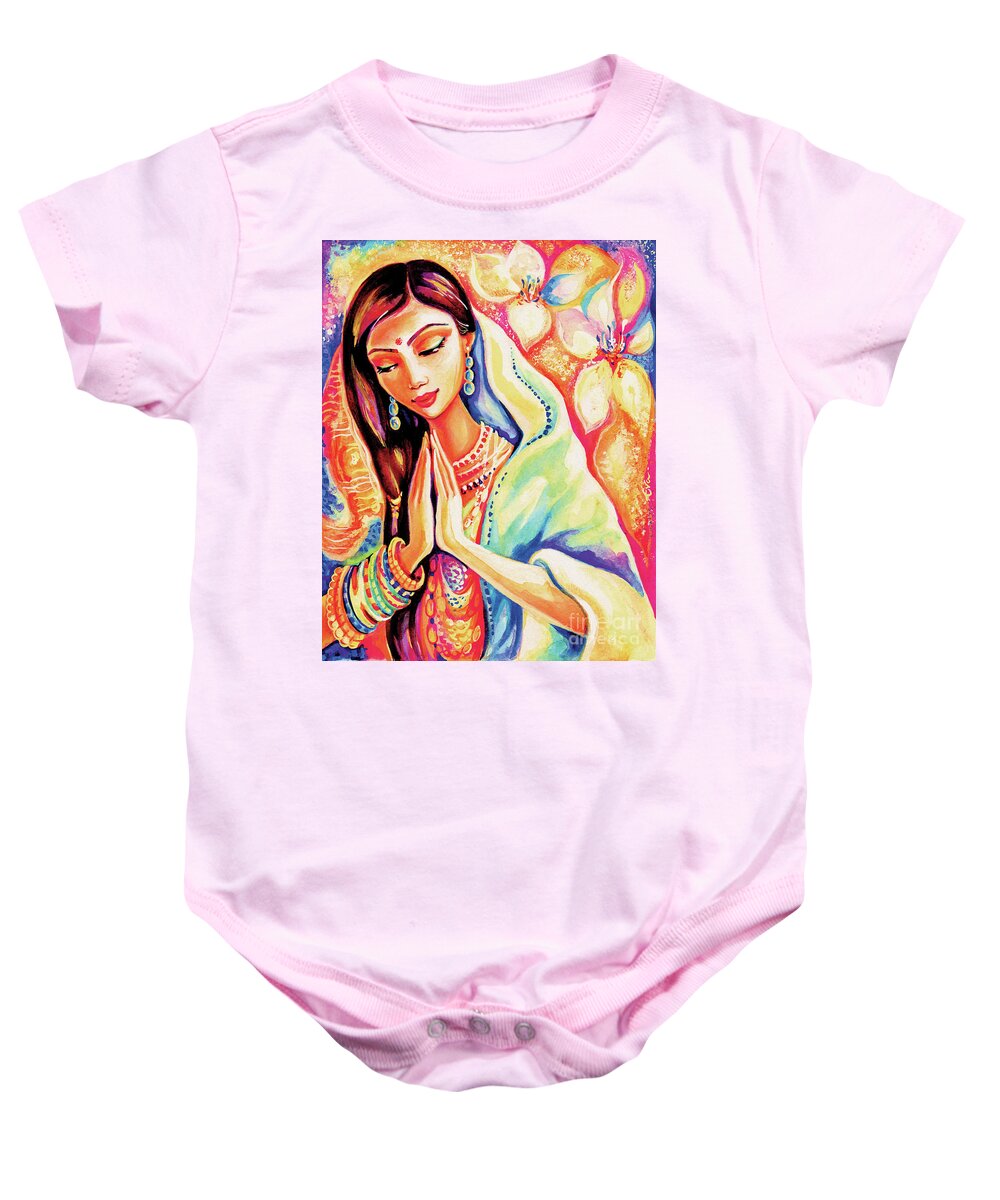Praying Woman Baby Onesie featuring the painting Little Himalayan Pray by Eva Campbell