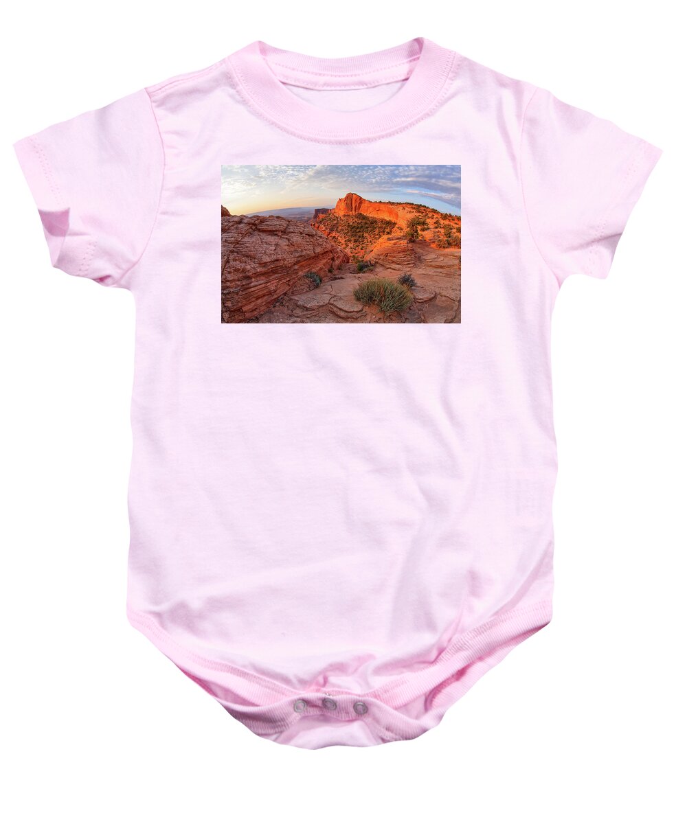 America Baby Onesie featuring the photograph Mesa Arch overlook at dawn by Kyle Lee