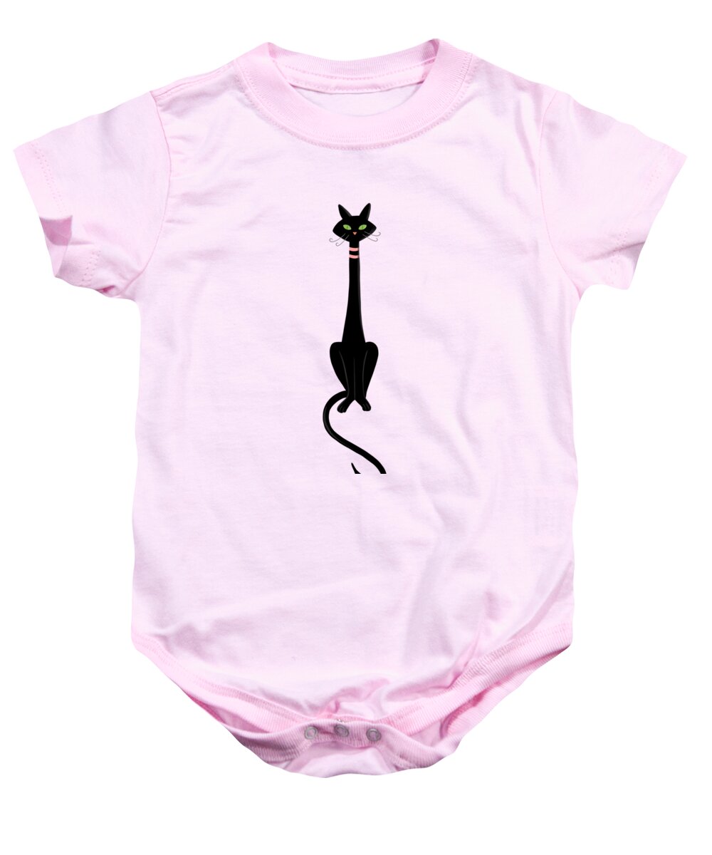 Cats Baby Onesie featuring the painting Midcentury Modern Black Kitty Cat With Green Eyes by Little Bunny Sunshine