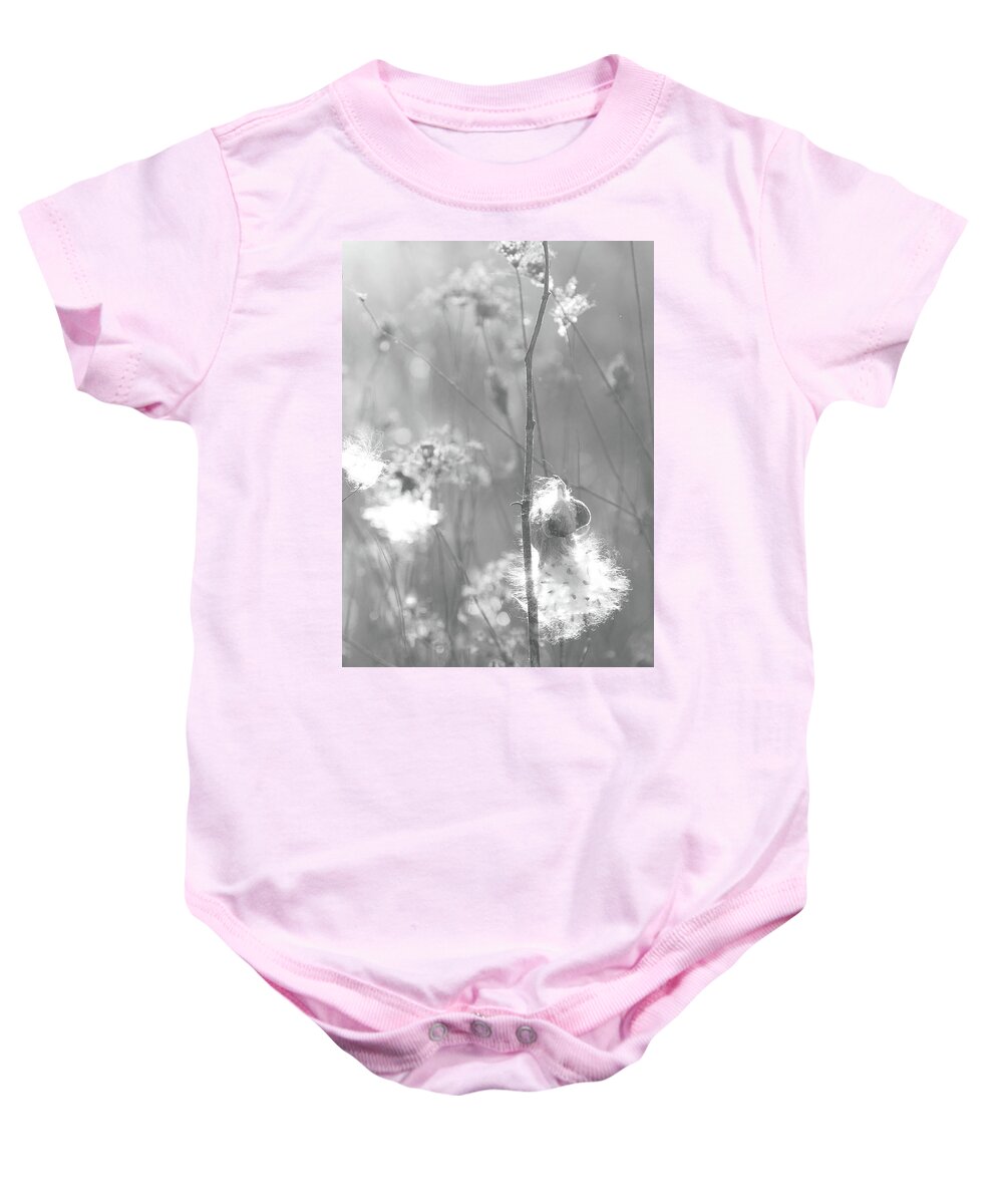 Autumn Baby Onesie featuring the photograph Milkweed in Afternoon Sun Black and White by Joni Eskridge