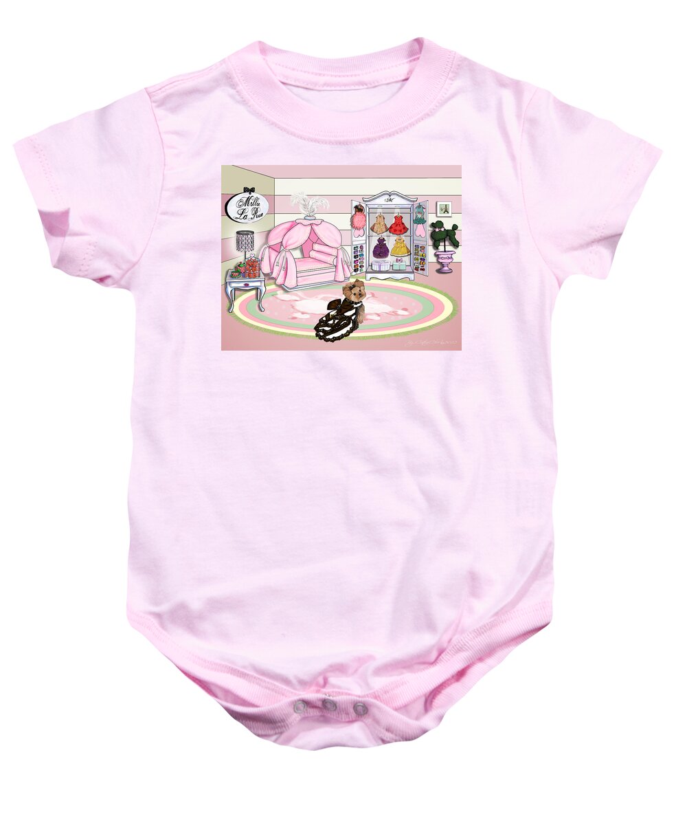 Millie Baby Onesie featuring the mixed media Millie LaRue's French Room by Catia Lee
