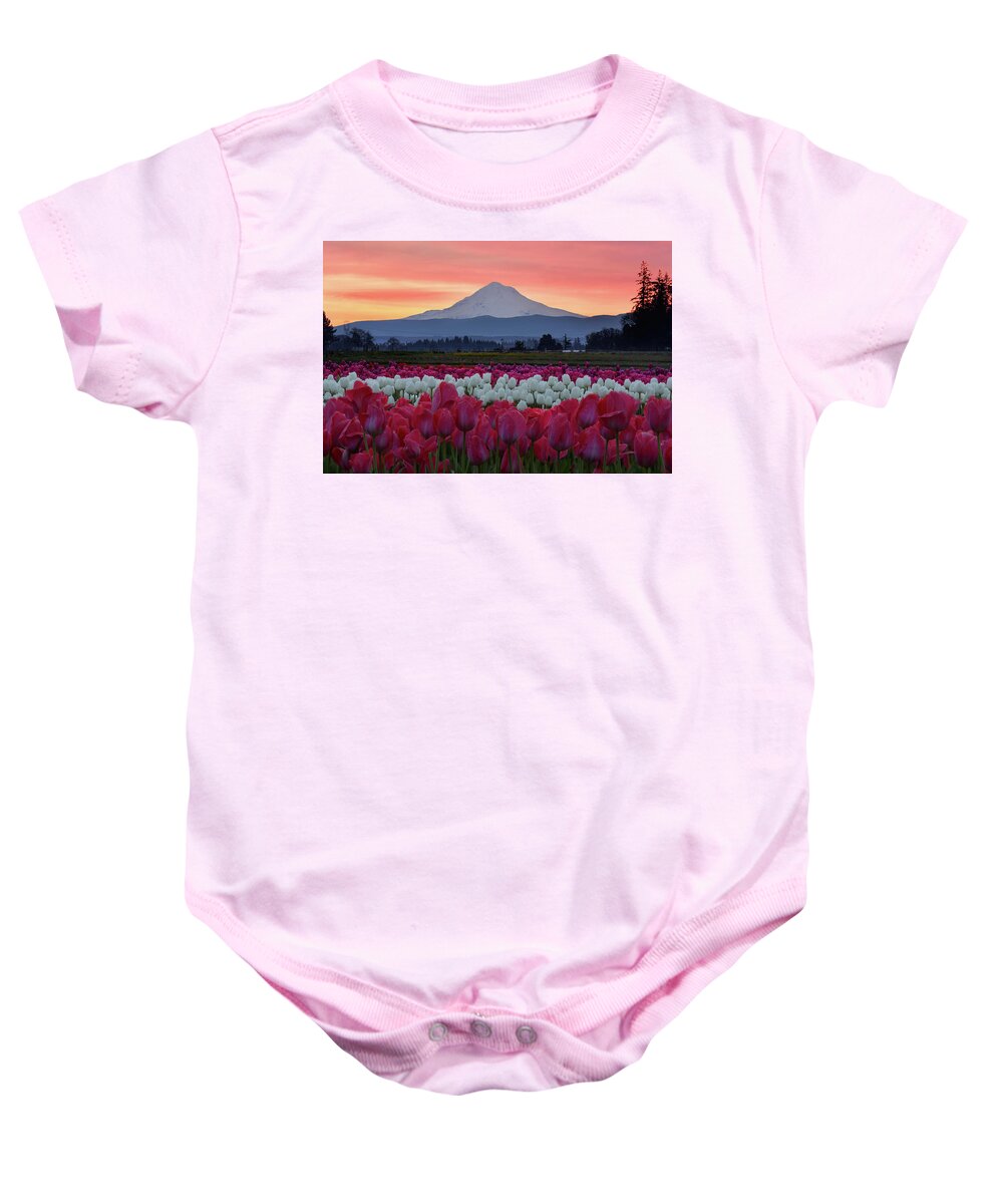Mark Whitt Baby Onesie featuring the photograph Mount Hood Sunrise with Tulips by Mark Whitt