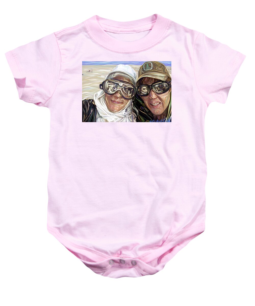 Portrait Baby Onesie featuring the digital art Mykelle and Kitt at Burning Man by Angela Weddle