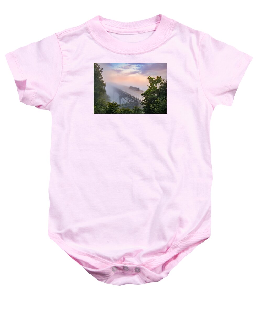 New River Gorge Baby Onesie featuring the photograph NRB184 New River Bridge in the Fog by Mary Almond