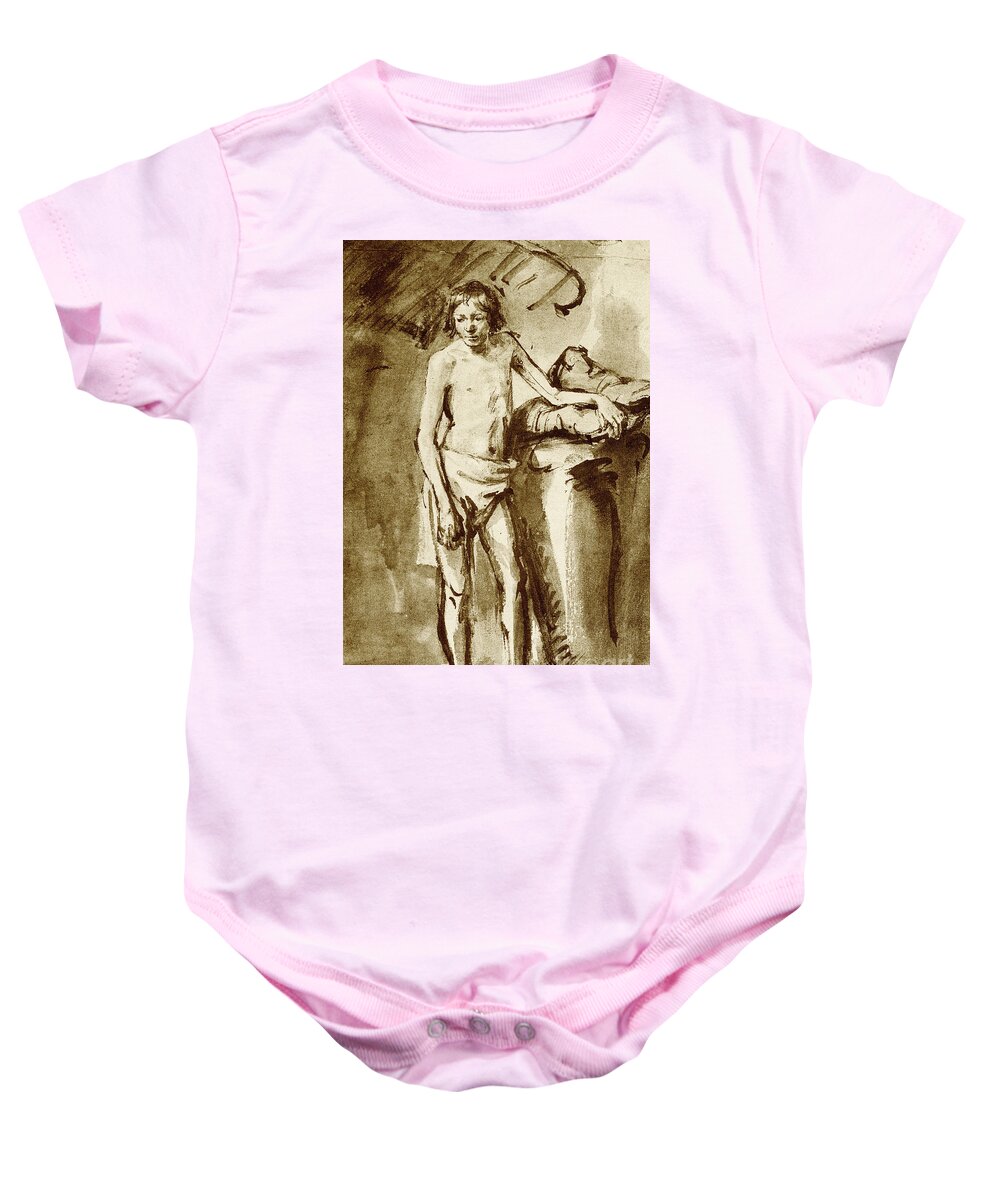 Rembrandt Baby Onesie featuring the drawing Nude drawing for a youth by Rembrandt Harmensz van Rijn