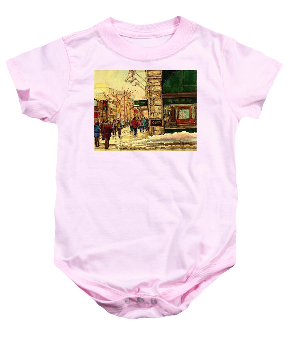 Ogilvys Department Store Baby Onesie featuring the painting Ogilvys Department Store Downtown Montreal by Carole Spandau