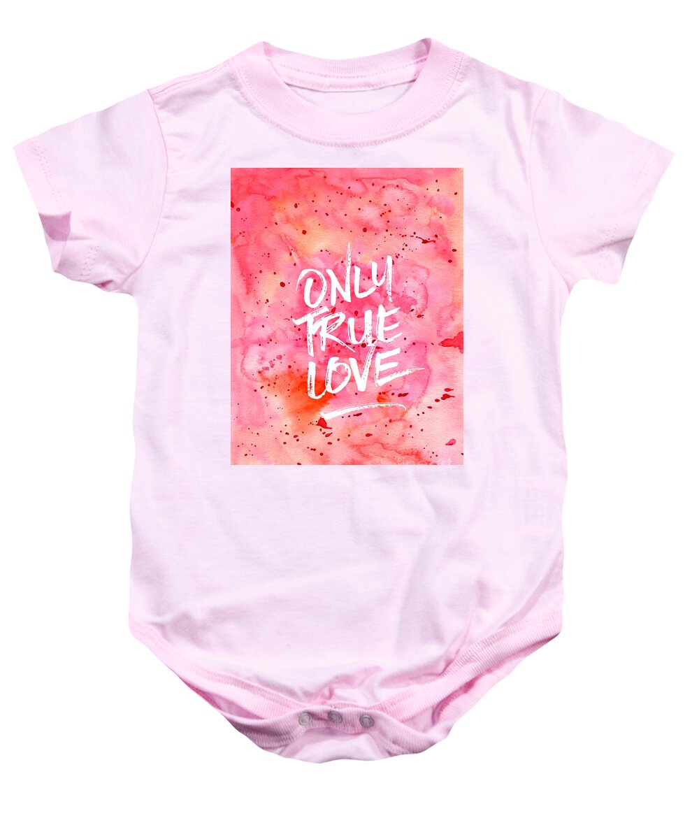 Only True Love Baby Onesie featuring the painting Only True Love Handpainted Abstract Watercolor Red Pink Orange by Beverly Claire Kaiya