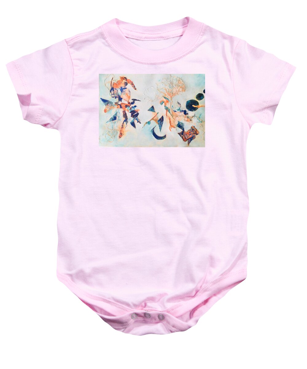 Abstract Baby Onesie featuring the painting Orange on Blue by Myra Evans