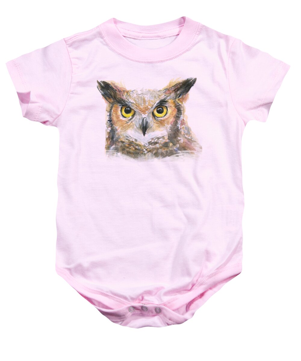 Old Baby Onesie featuring the painting Owl Watercolor Portrait Great Horned by Olga Shvartsur