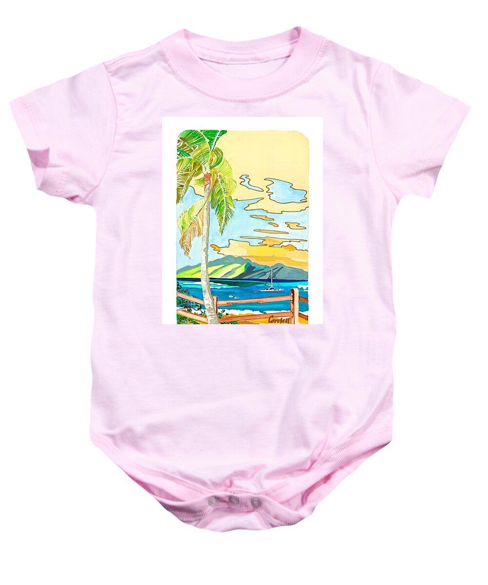 Tropical Island Baby Onesie featuring the painting Pailolo Channel - Maui by Joan Cordell