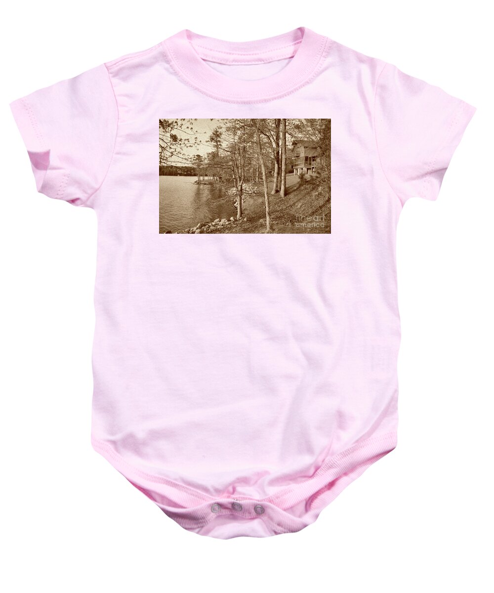 Scenic Baby Onesie featuring the photograph Painted Shore Camps In Sepia by Skip Willits