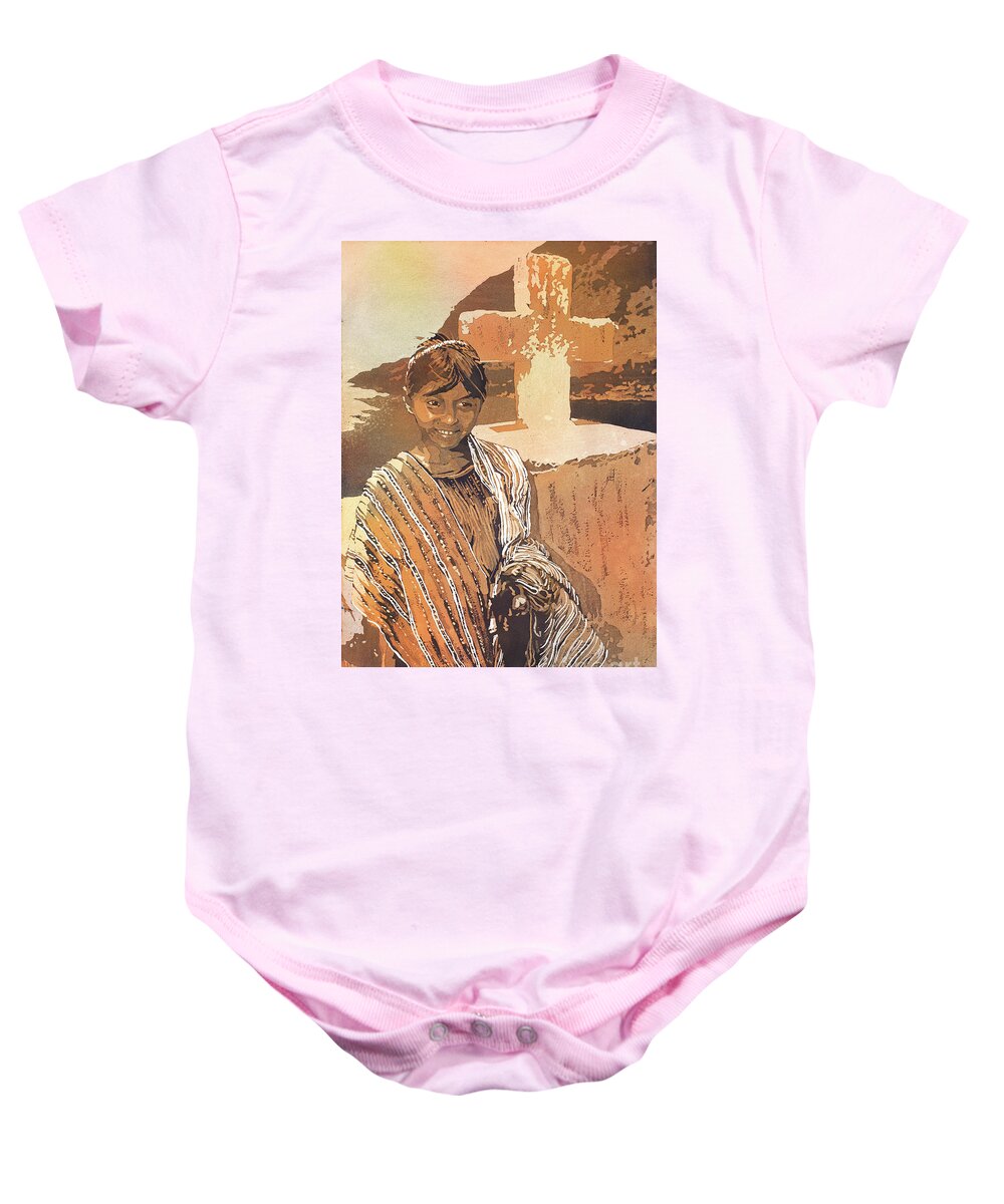 Antigua Baby Onesie featuring the painting Painting of traditional dressed girl in front of cross at Lake A by Ryan Fox