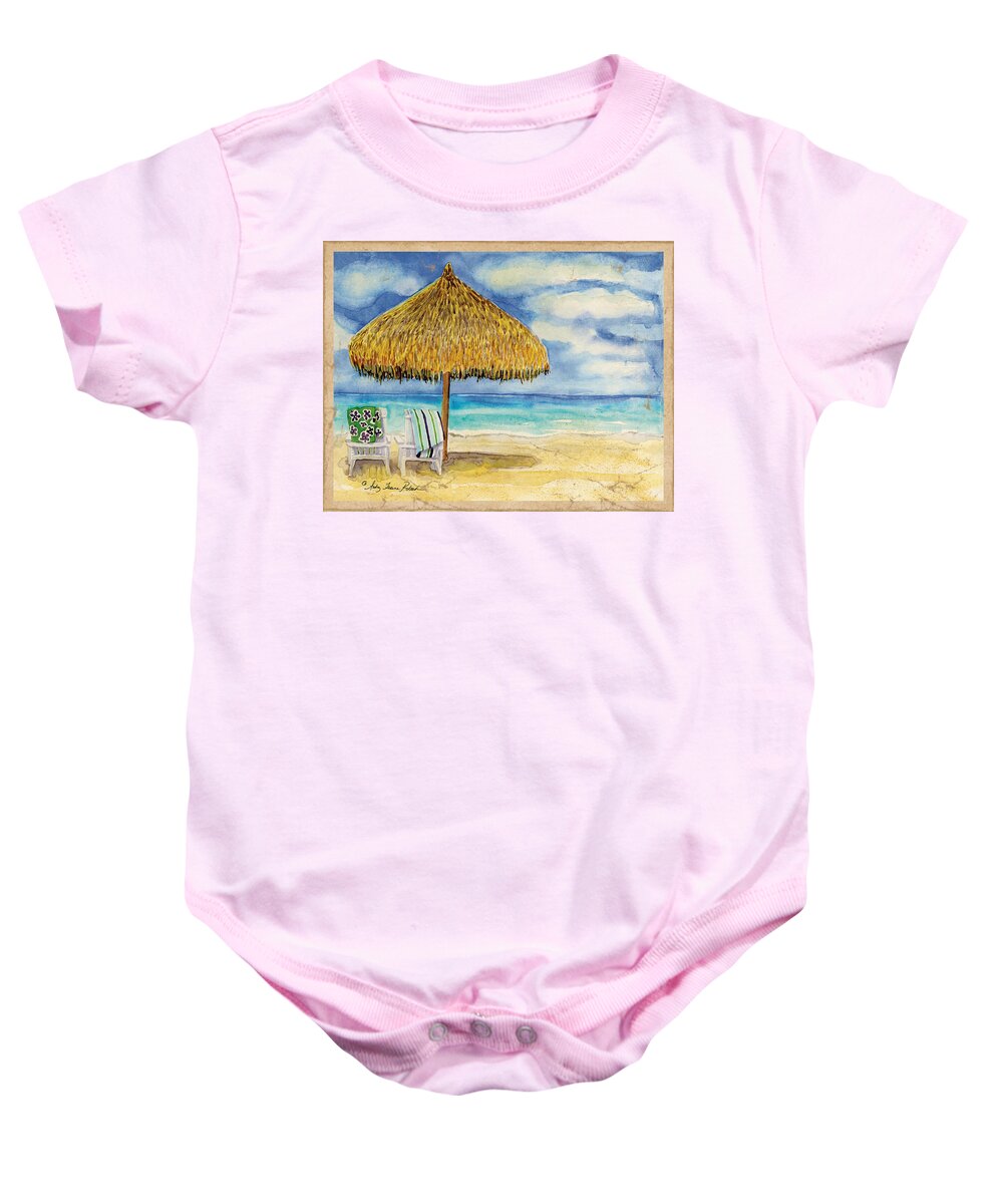 Palappa Baby Onesie featuring the painting Palappa n Adirondack Chairs on the Mexican Shore by Audrey Jeanne Roberts