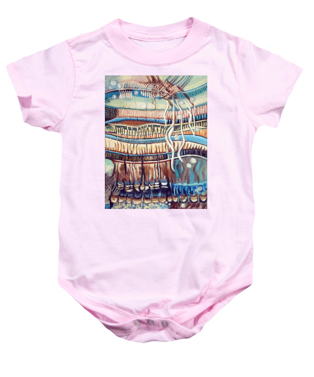 Abstract Baby Onesie featuring the painting Palm Contractions by Kerryn Madsen-Pietsch