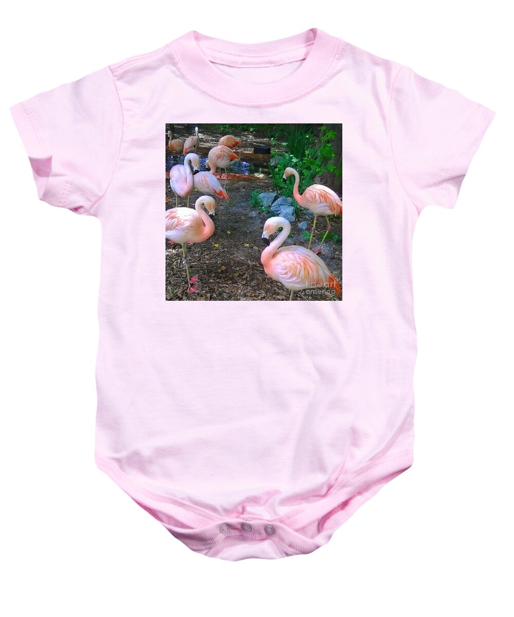 Pink Flamingos Ocean Beach Baby Onesie featuring the photograph Pink Flamingos by James and Donna Daugherty