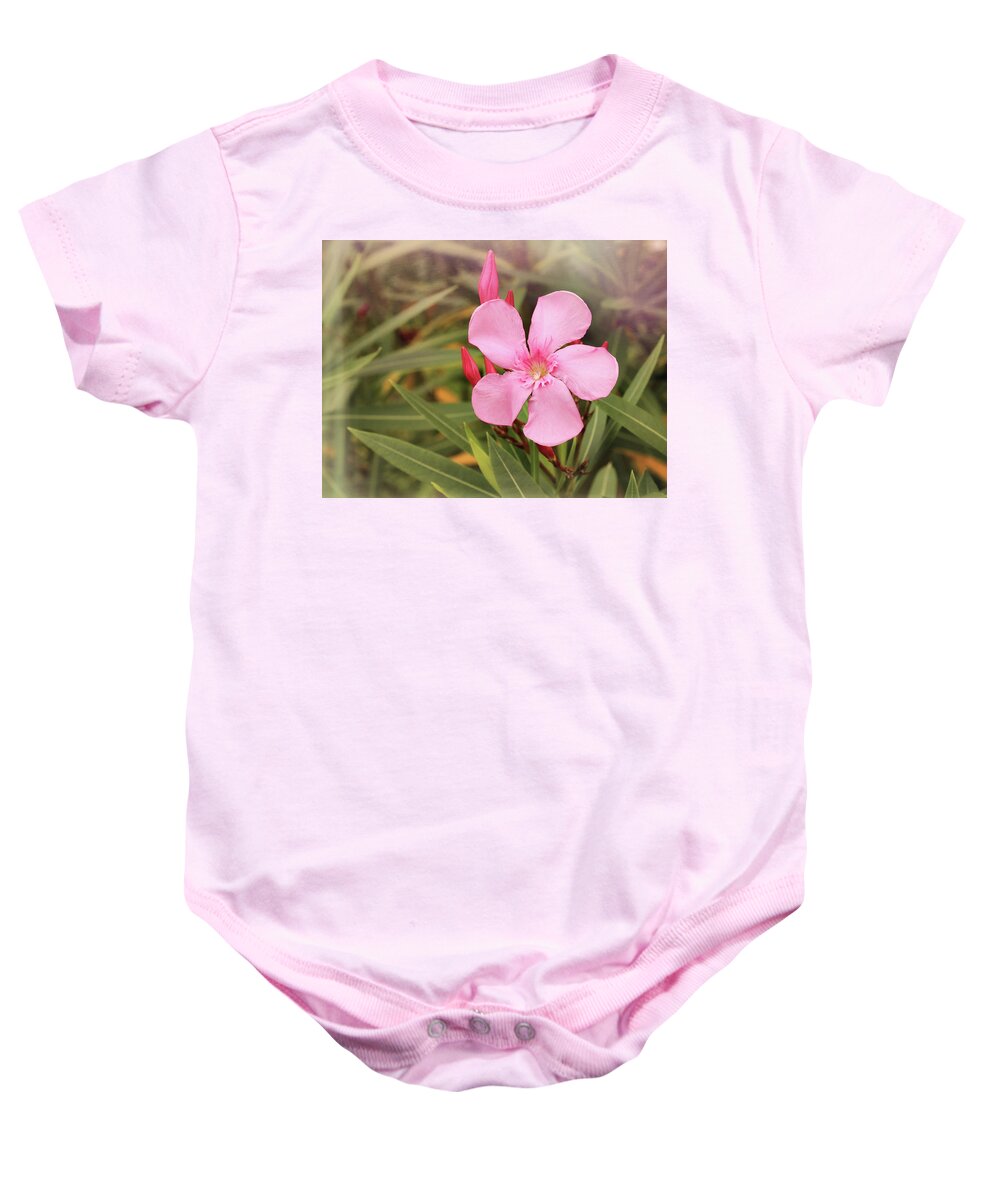 Oleander Baby Onesie featuring the photograph Pink Oleander Cool Mist by Judy Vincent