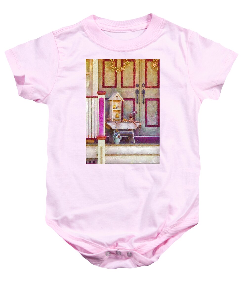 Savad Baby Onesie featuring the photograph Porch - Cranford NJ - The birdhouse collector by Mike Savad