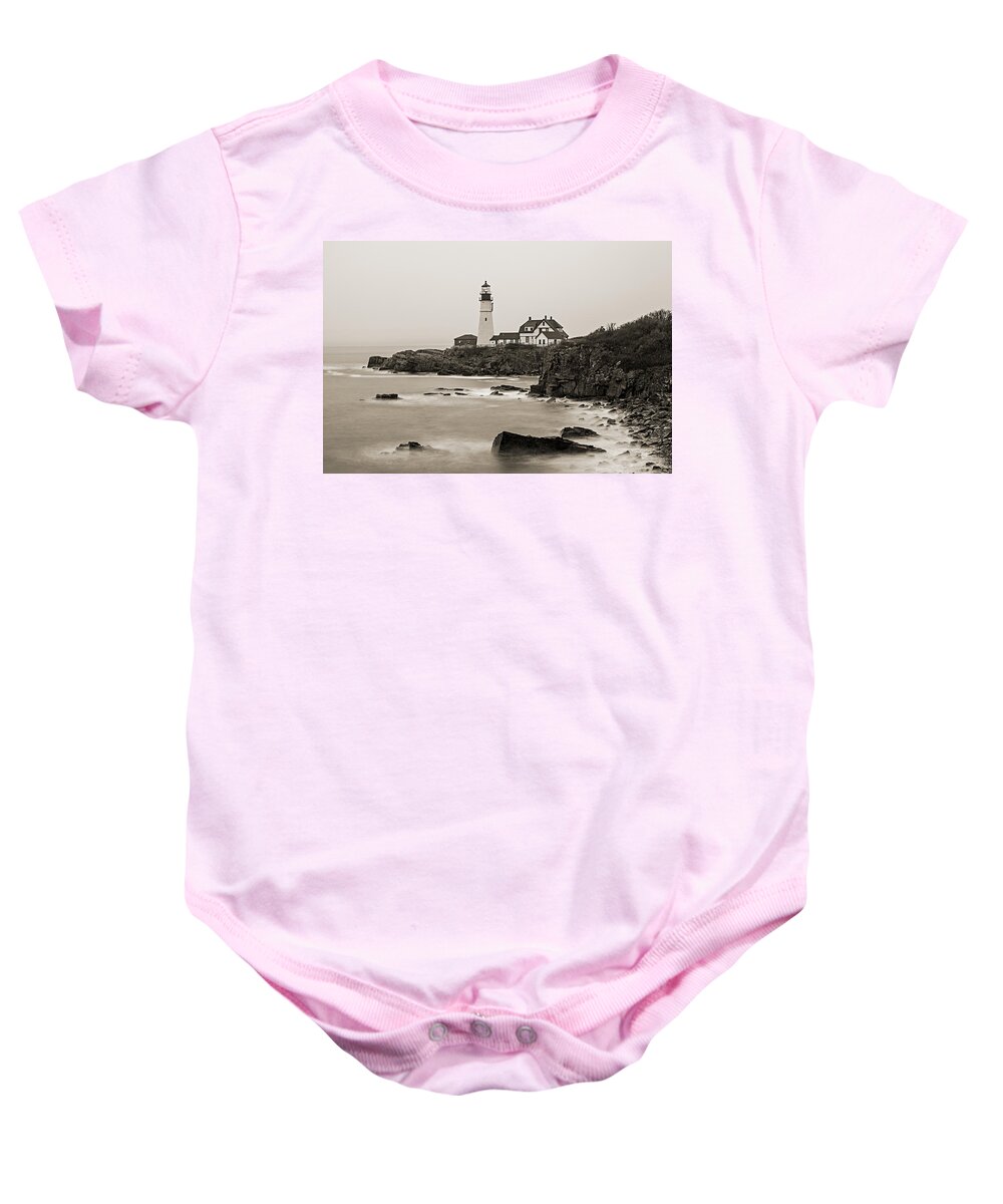 Vacationland Baby Onesie featuring the photograph Portland Head Lighthouse foggy morning Sepia by David Smith
